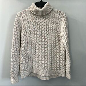 Land’s End Wool Blend Beige Speckled Turtleneck Cable Knit Sweater Small